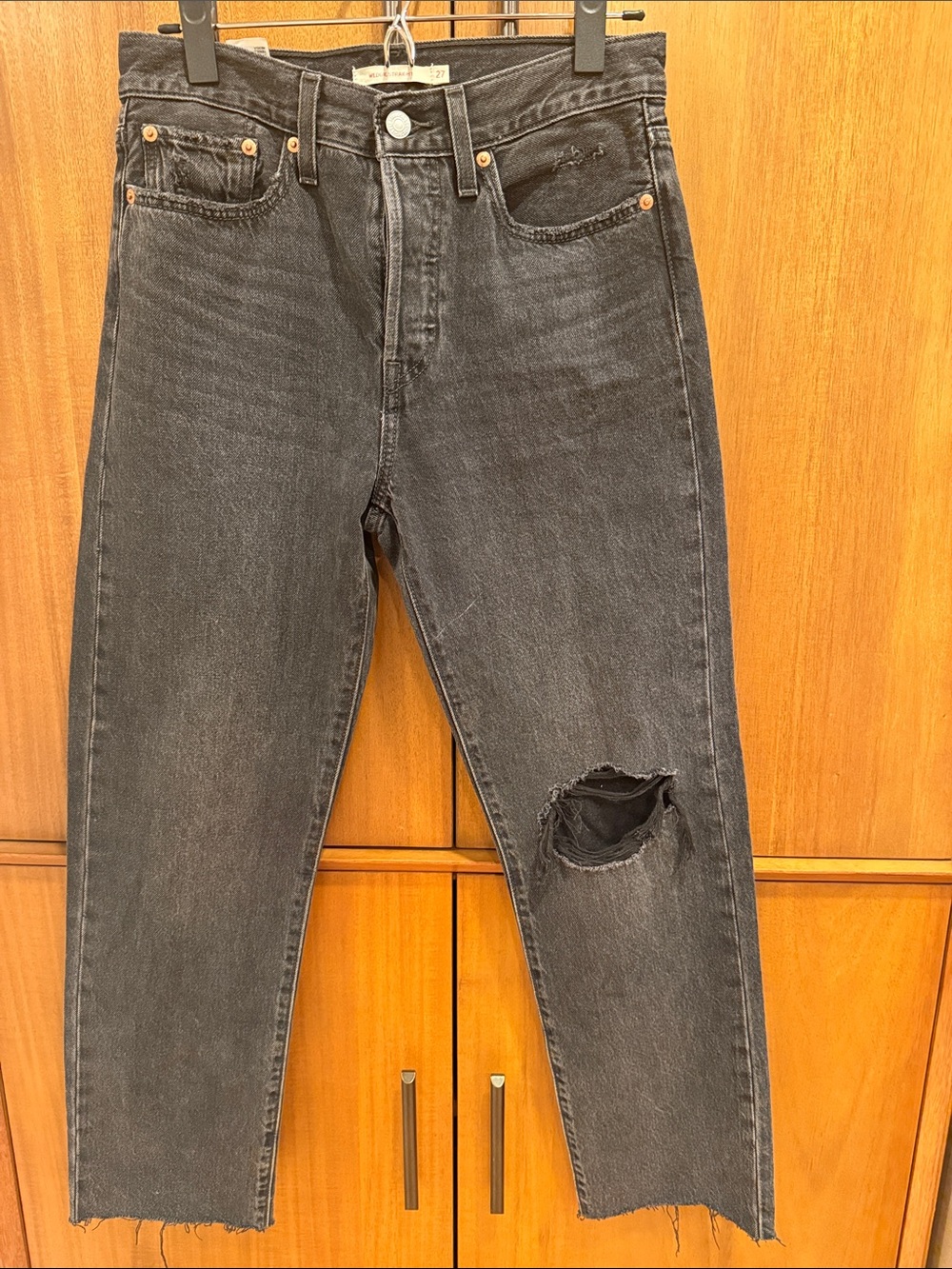 Levi's Women's Wedgie Straight Leg Black Jeans with Knee Rip